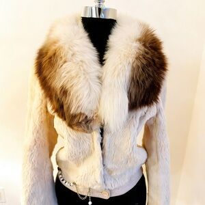 Women's Cream Genuine Fur Jacket with Brown Fox Fur Collar